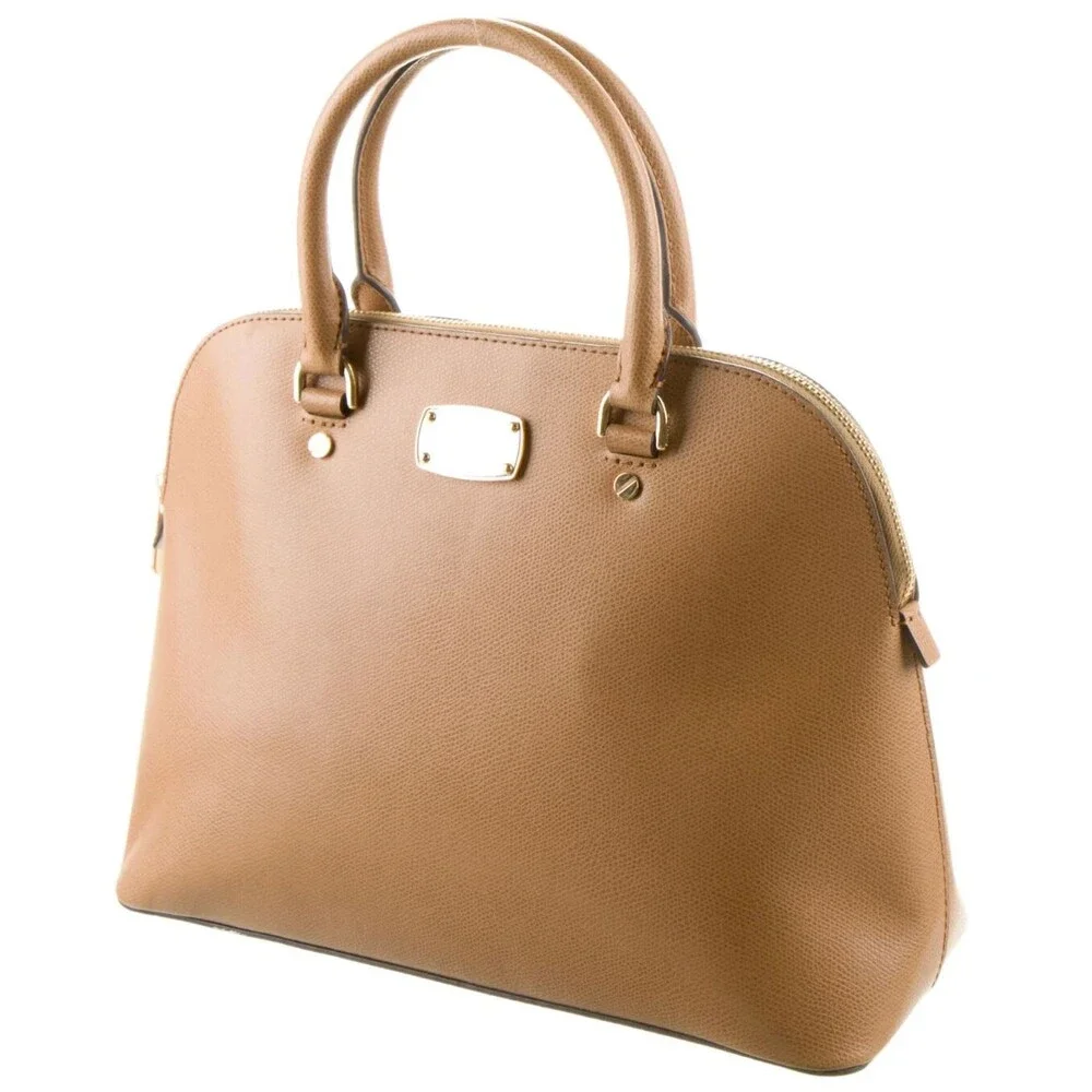 DESIGNER MICHAEL KORS TAN LEATHER TOP ROLLED HANDLES ZIP TOP MED SIZE HANDBAG